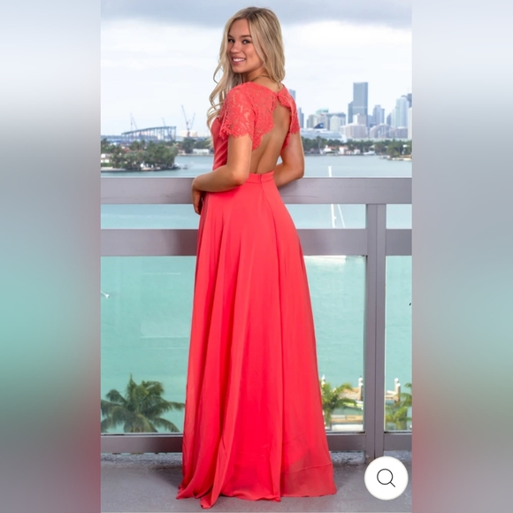 Coral maxi dress with open back and lace detail - Picture 3 of 14
